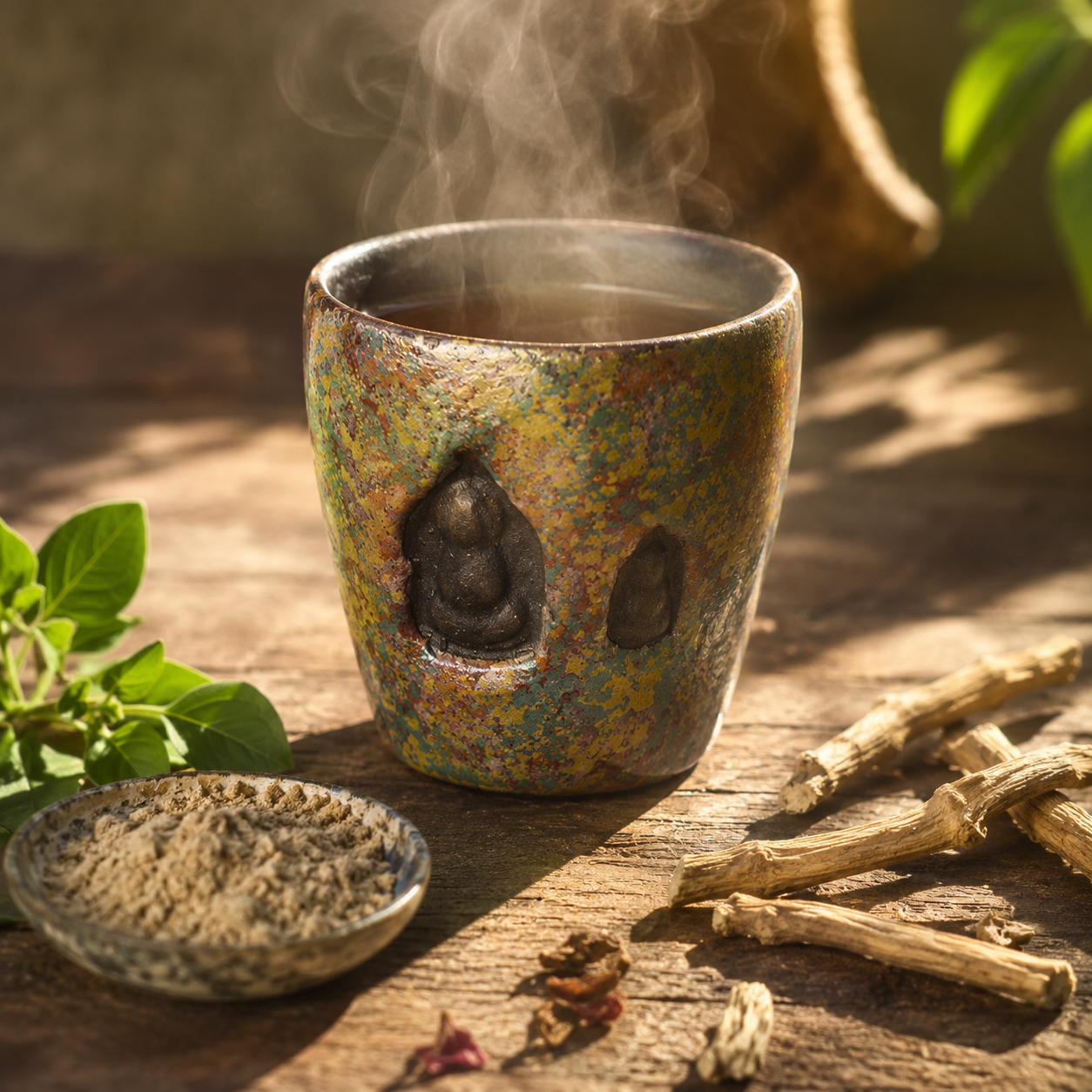 Steaming clay cup of herbal tea in morning light