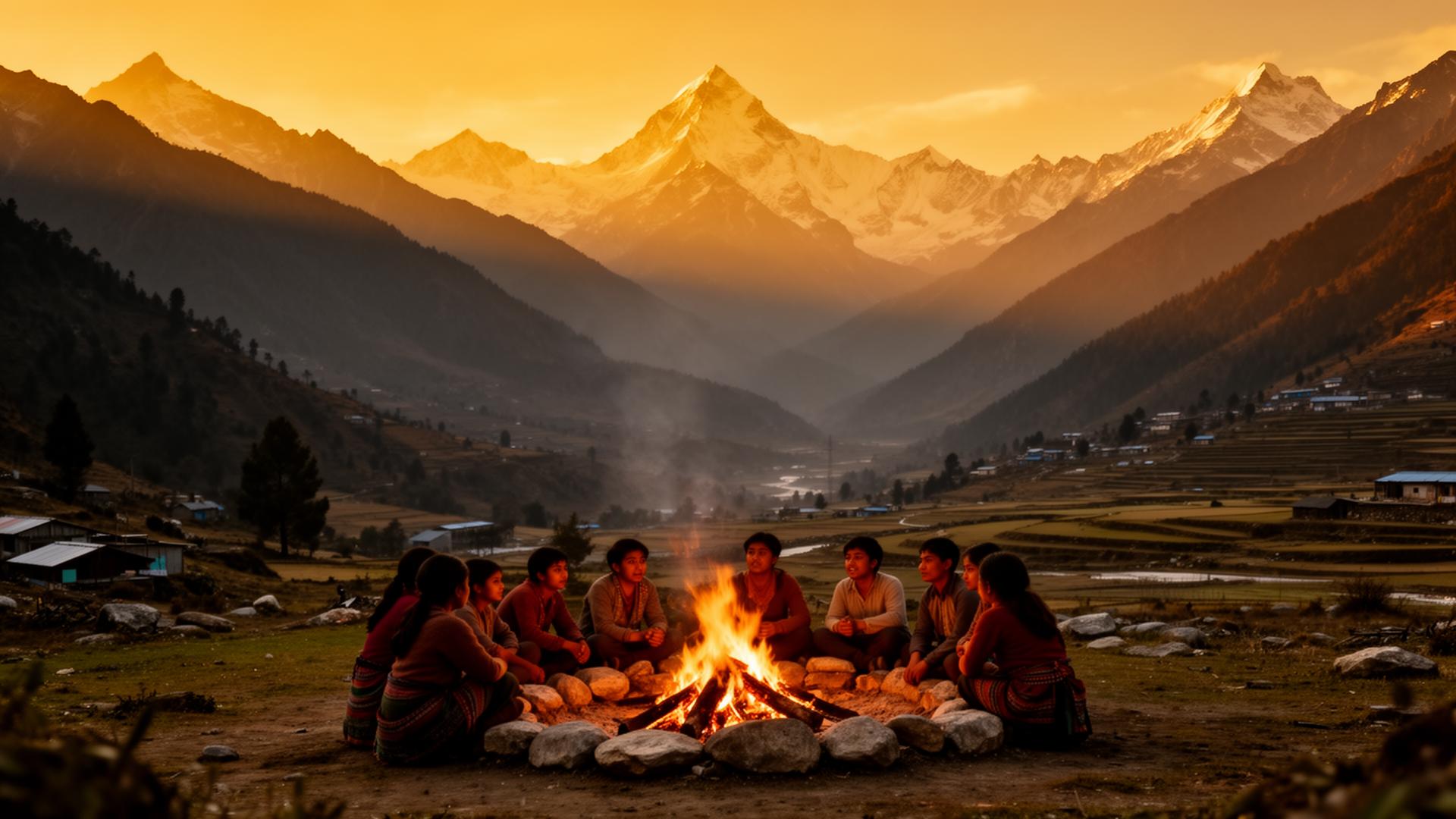 Sunset over Himalayan valley with community